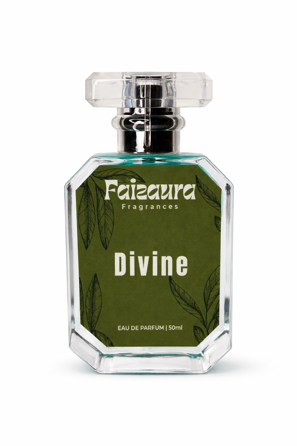 Faizaura Divine perfume bottle from Faizaura Fragrance, 50ml, elegant glass design with a sleek cap.