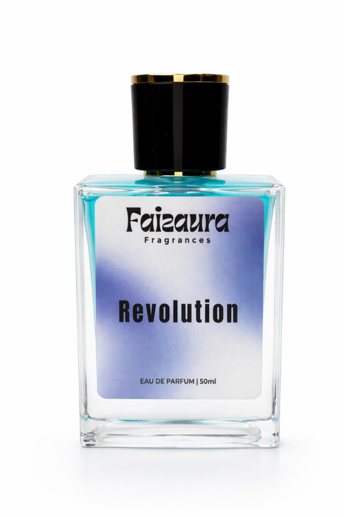 Faizaura Revolution 50ml perfume bottle with elegant design, showcasing the fragrance's luxurious and sophisticated packaging.