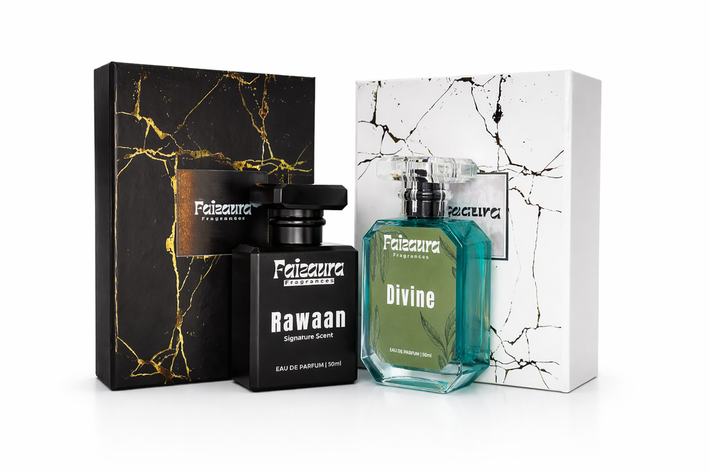 Faizaura Fragrance Rawaan & Divine perfume bundles in 50ml bottles, showcasing elegant packaging and luxurious fragrance design.