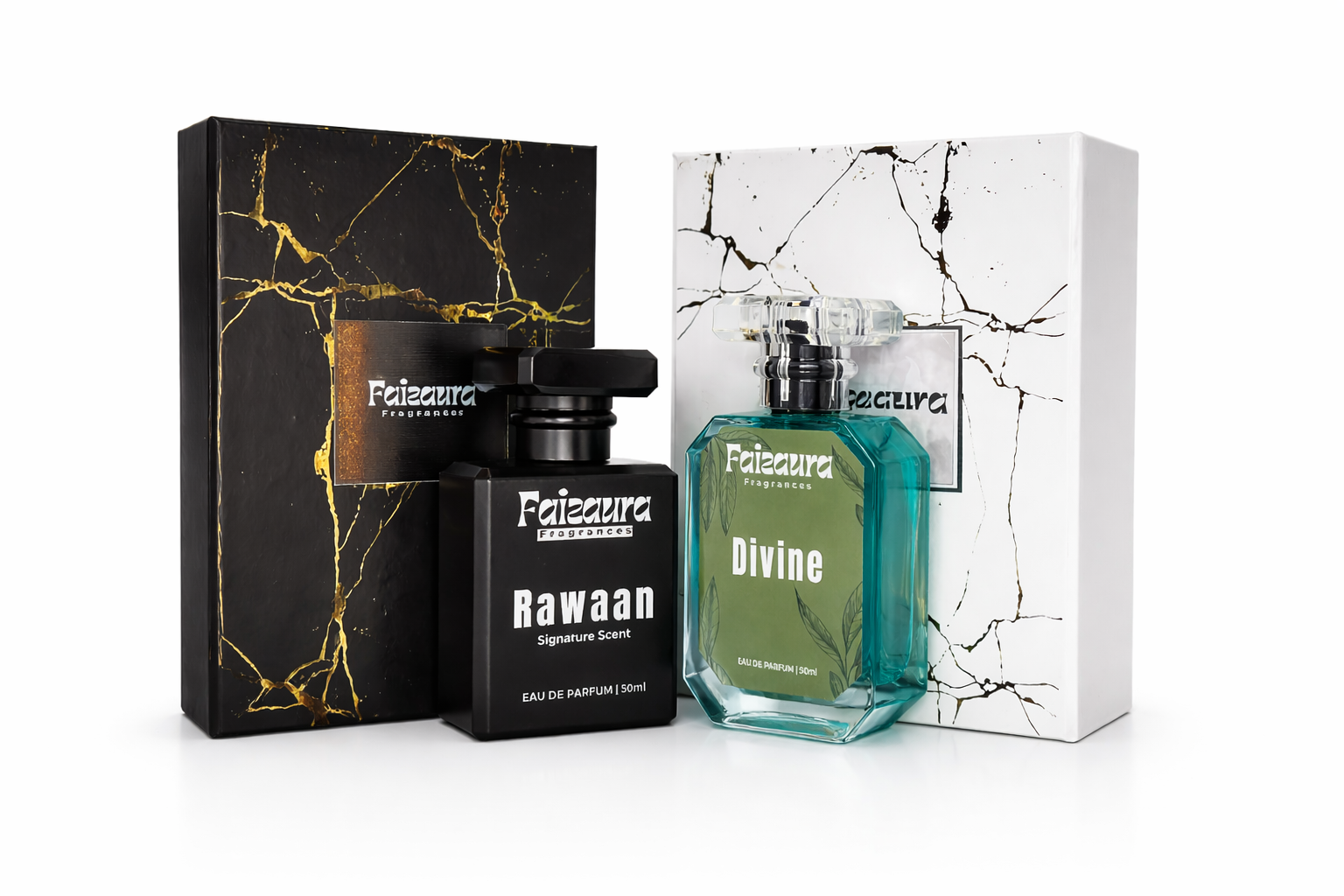 Faizaura Fragrance Rawaan & Divine perfume bundles in 50ml bottles, showcasing elegant packaging and luxurious fragrance design.