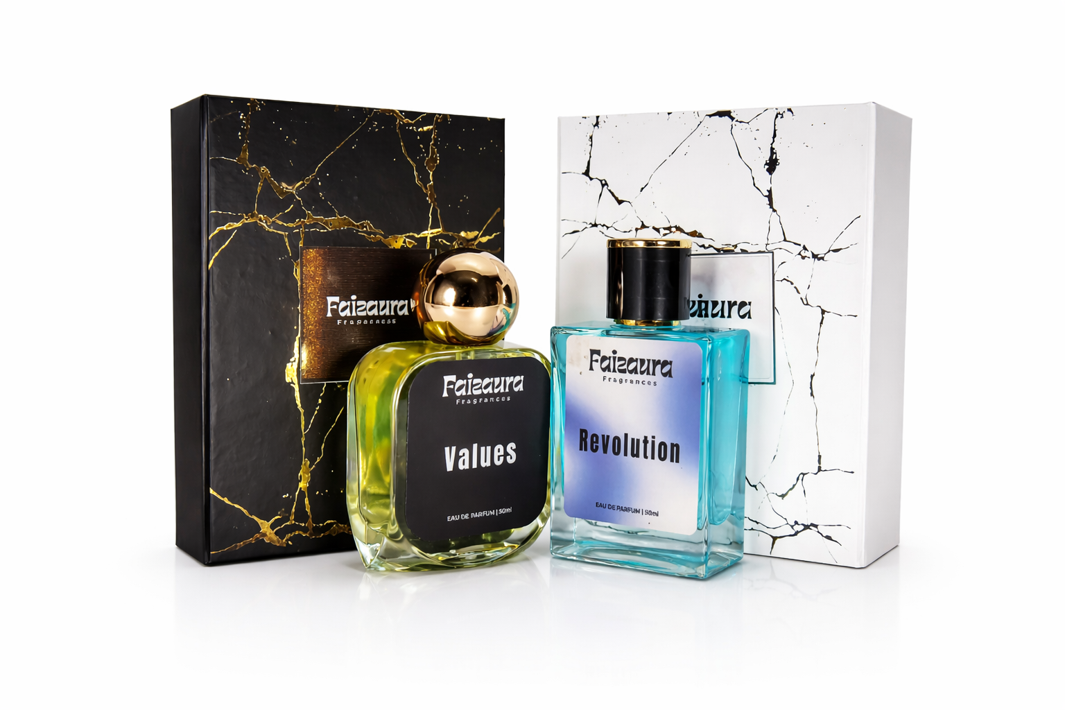Faizaura Fragrance's Values & Revolution 50ml perfume bottle with elegant packaging and clear label, showcasing luxurious scent.