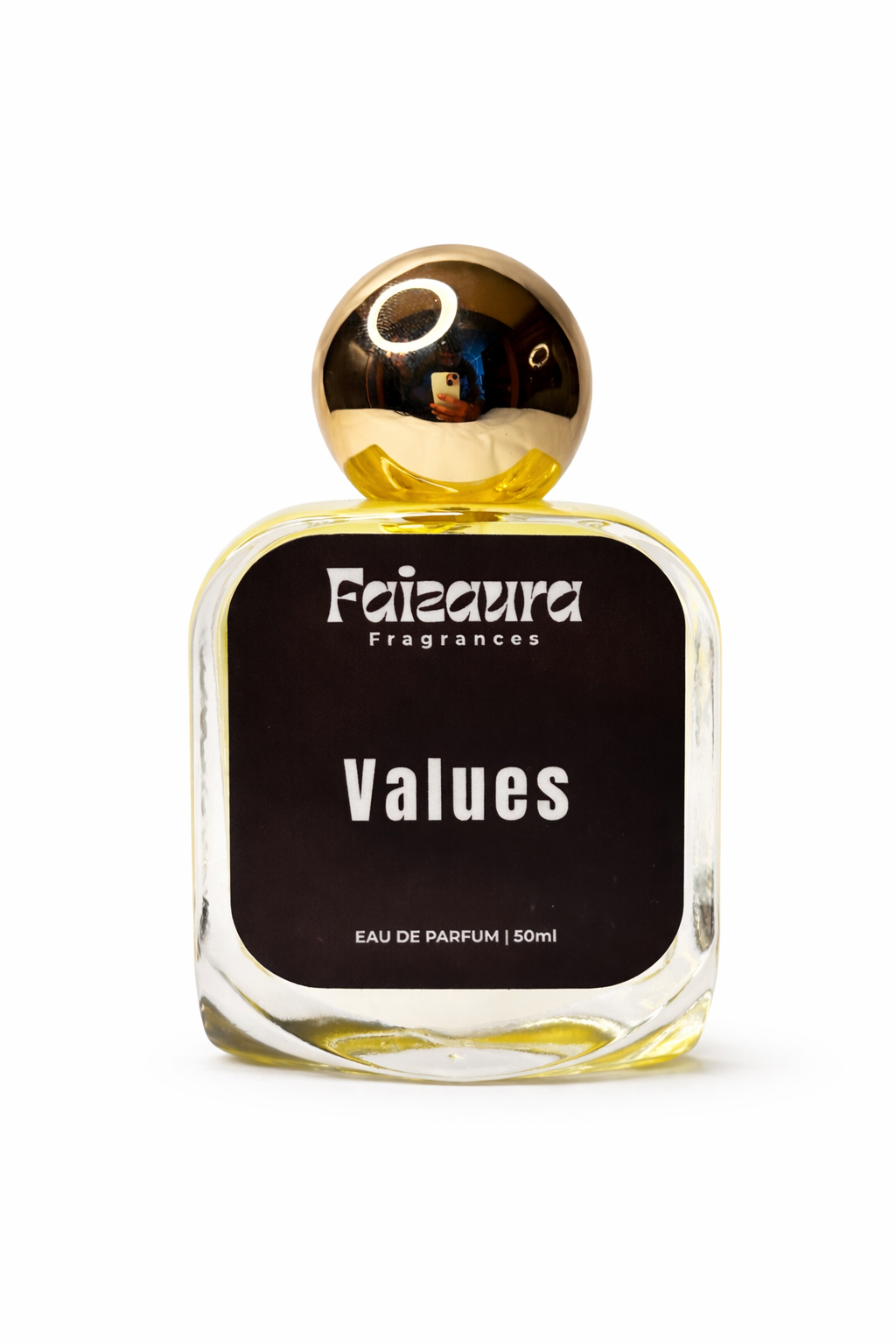 Elegant Faizaura perfume bottle with golden accents, showcasing the Faizaura Values 50ml fragrance.