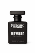 Close-up of Faizaura Rawaan perfume bottle showcasing the elegant design and branding of the Faizaura fragrance.