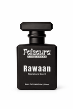 Close-up of Faizaura Rawaan perfume bottle showcasing the elegant design and branding of the Faizaura fragrance.