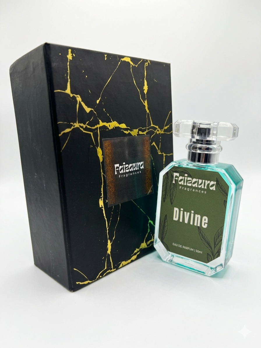 Faizaura Divine perfume bottle by Faizaura Fragrance, featuring elegant glass design with a sleek, modern look.
