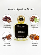 Faizaura Fragrance Values 50ml perfume bottle with elegant packaging and a sleek design on a neutral background.