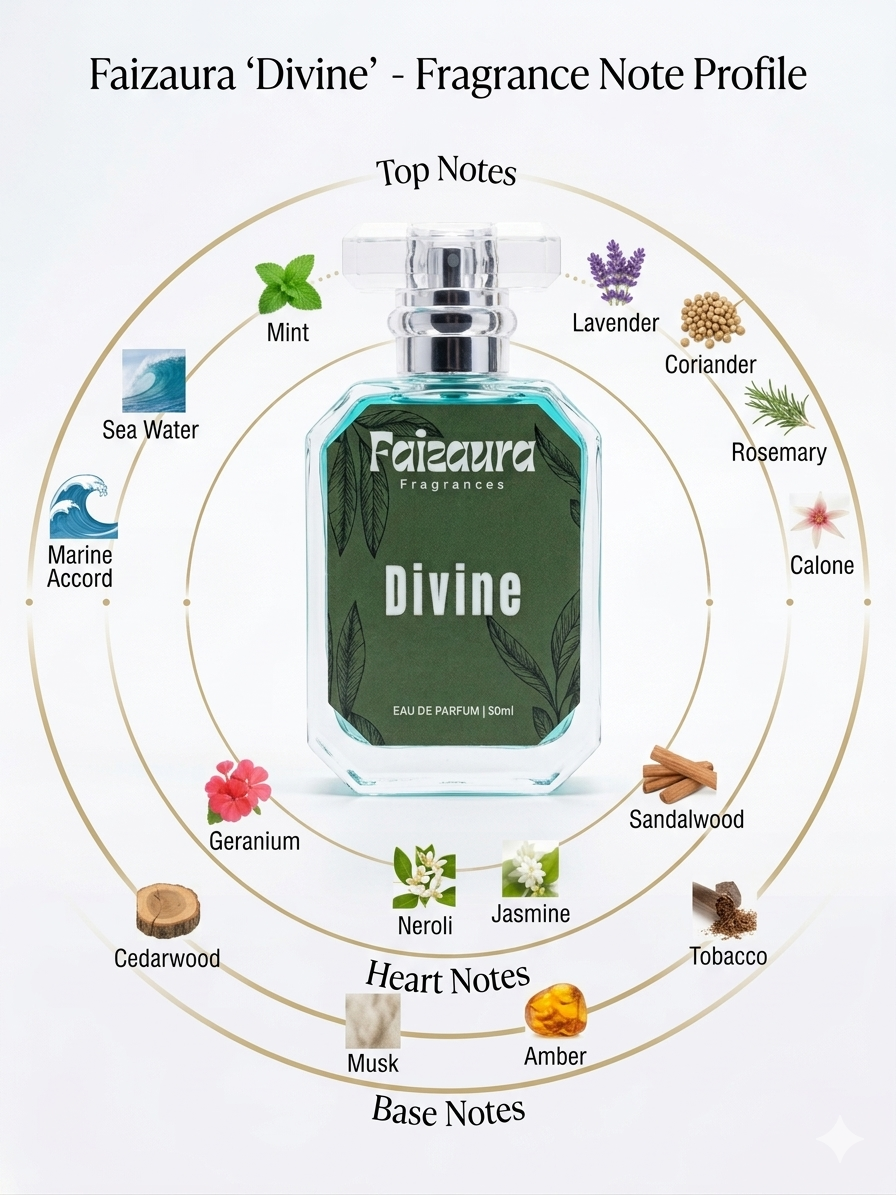 Faizaura Divine perfume bottle in elegant design, showcasing the Faizaura Fragrance brand and 50ml size.