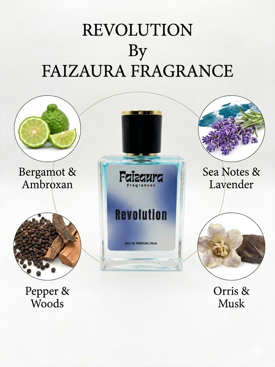 Faizaura Revolution 50ml perfume bottle with a sleek design, showcasing the elegant packaging of the Faizaura fragrance.