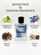 Faizaura Revolution 50ml perfume bottle with a sleek design, showcasing the elegant packaging of the Faizaura fragrance.