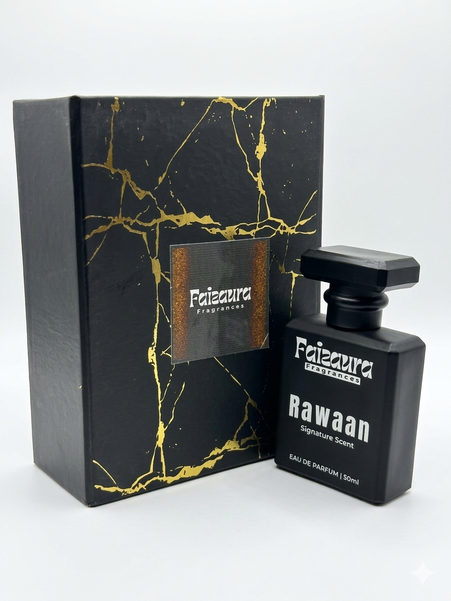 Faizaura Rawaan 50ml perfume bottle with elegant design, showcasing the luxurious fragrance product in a clear display.