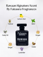 Faizaura Rawaan 50ml perfume bottle with a sleek design, showcasing the elegant packaging and branding.