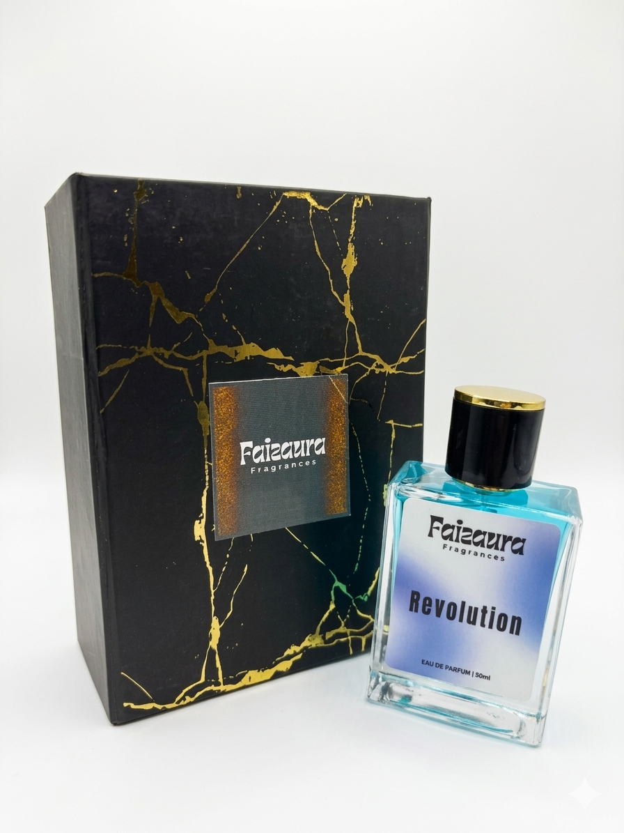 Faizaura Revolution 50ml perfume bottle with elegant design, showcasing the luxurious fragrance container.
