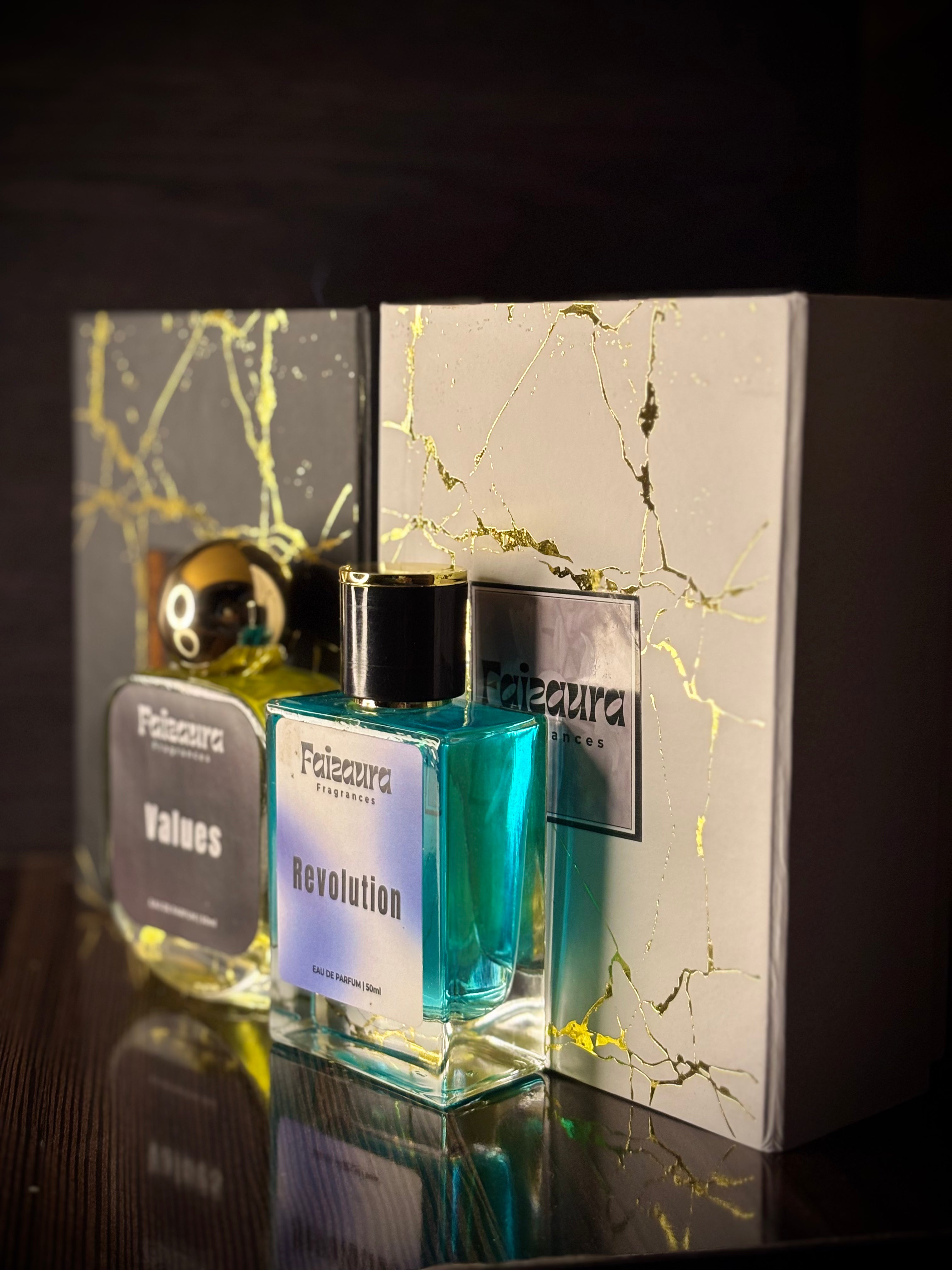 Faizaura Fragrance Values & Revolution 50ml perfume bottle with sleek design and clear label, showcasing the elegant packaging.
